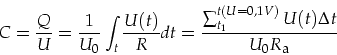 \begin{displaymath}
C=\frac{Q}{U}=\frac{1}{U_0}\int_t \frac{U(t)}{R} dt=\frac{\s...
...t_1}^{t(U=0,1 V)}U(t)\Delta t}{U_0 R_{\mbox{\footnotesize a}}}
\end{displaymath}